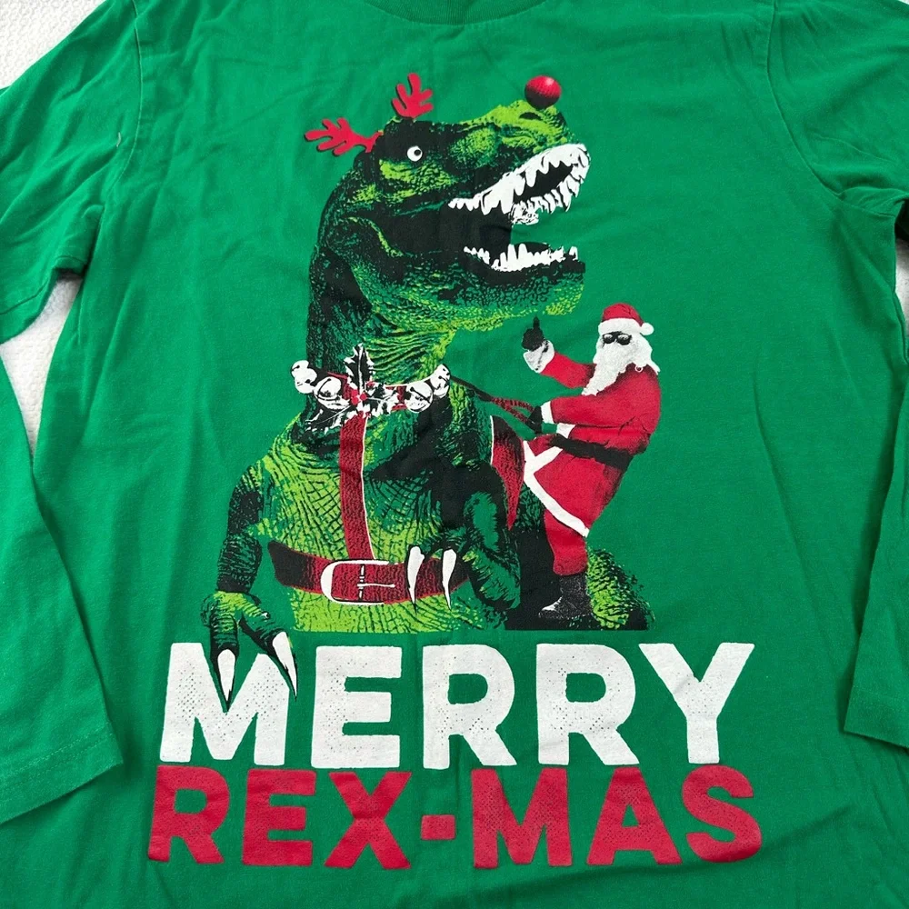 Children's Place Green Merry Rex-Mas Dinosaur Christmas Long Sleeve Tee SZ XL 14 - Picture 2 of 3